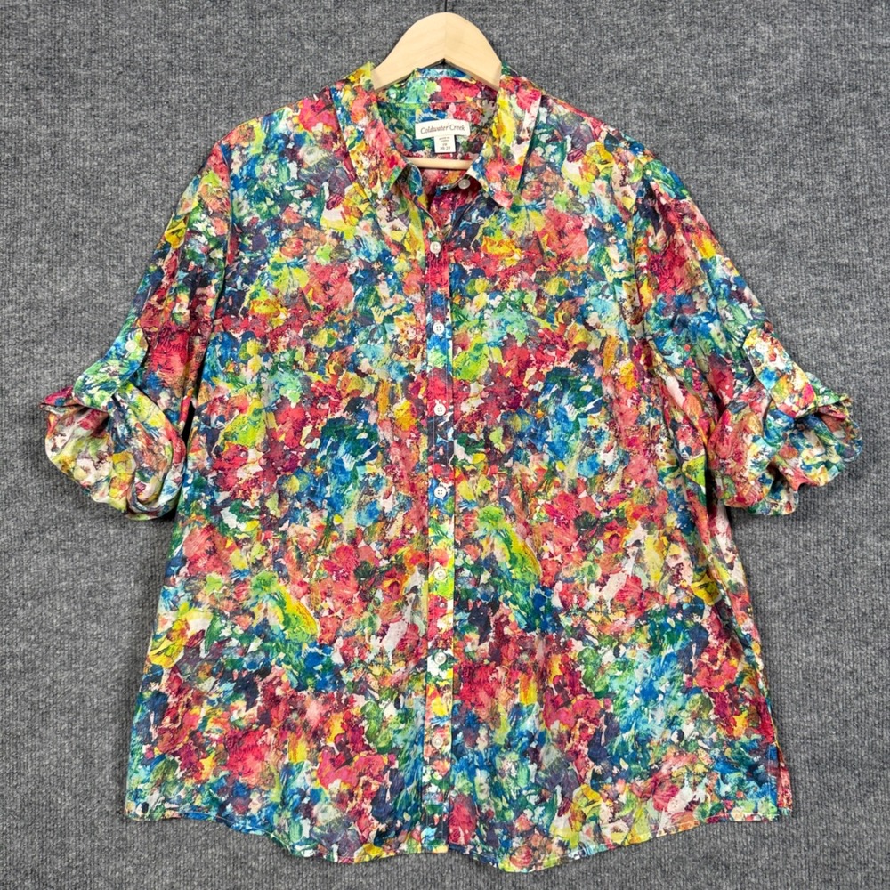Coldwater Creek Size 2X 20-22 Shirt Top Green Yellow Silk Cotton Blend Button Up